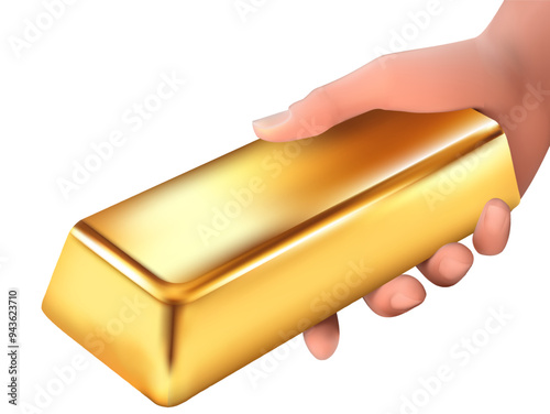 Hand holding golden ingot isolated on white background. Finance wealth, investment,concept with palm holding gold metal bar, 3D vector Gold bar