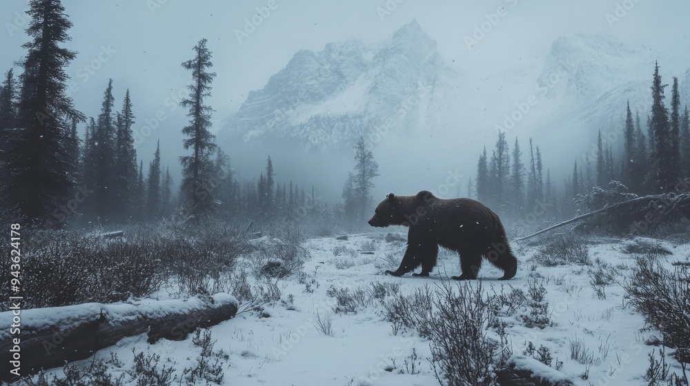 A bear trekking alone through a snowy wilderness, enjoying the peace and quiet of solo travel A bear trekking alone through a snowy wilderness, enjoying the peace and quiet of solo travel