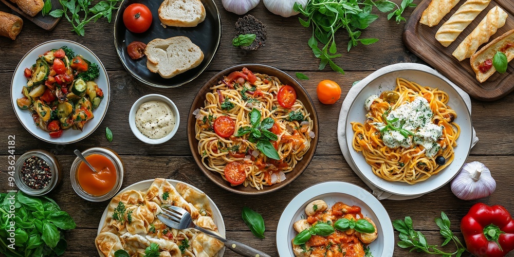 An assortment of delectable Italian dishes showcasing different types of pasta and freshly baked bread in rustic setting. An assortment of delectable Italian dishes showcasing different types of pasta and freshly baked bread in rustic setting.