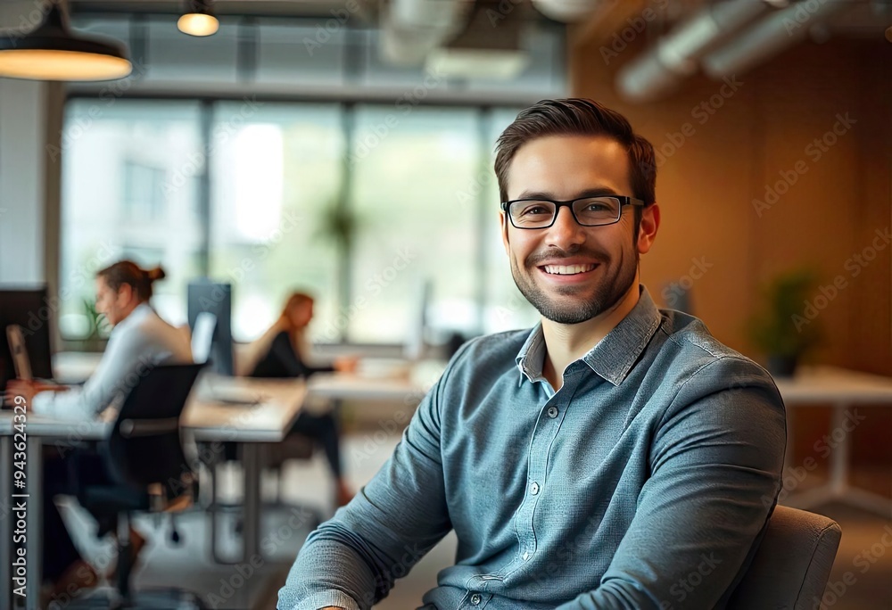 Portrait of a business man sitting in an office with his colleagues in the background. Happy business man working in a co-working office, ai Portrait of a business man sitting in an office with his colleagues in the background. Happy business man working in a co-working office, ai