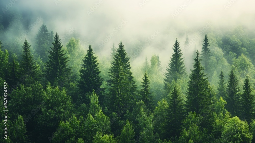 Fototapeta premium Green trees in misty forest shot vertically