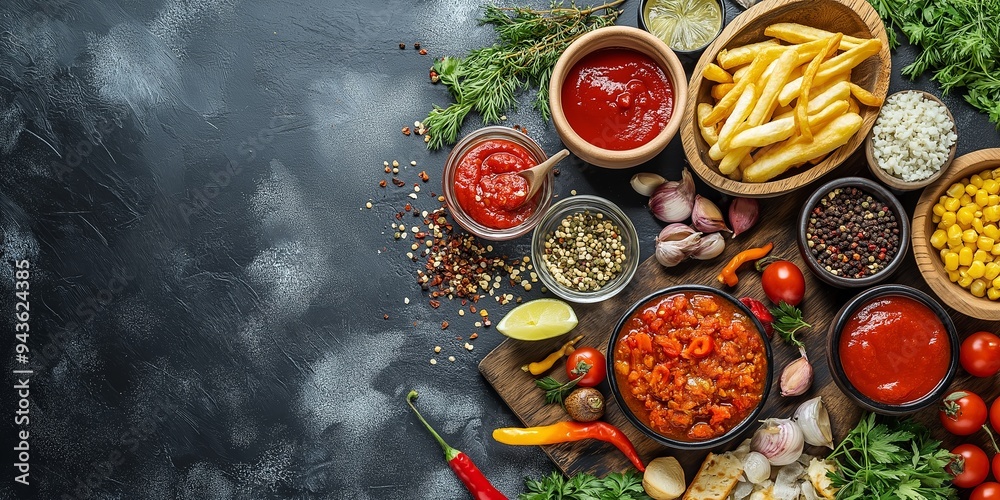 An assortment of sauces and spices alongside cooked French fries, showcasing a vibrant and flavorful dining experience. An assortment of sauces and spices alongside cooked French fries, showcasing a vibrant and flavorful dining experience.
