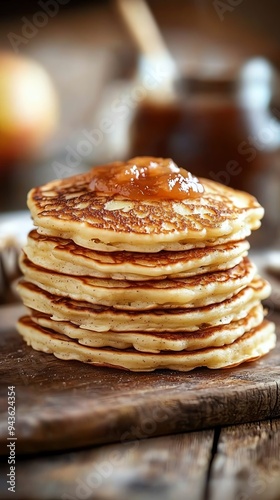 Rhineland Reibekuchen potato pancakes, stacked and served with apple sauce, on a wooden board with a rustic backdrop