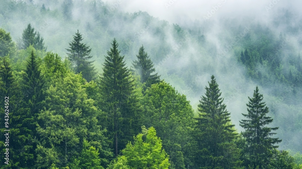 Vertical view of green trees, forest fog Vertical view of green trees, forest fog