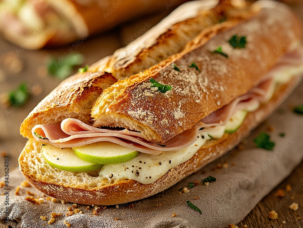 Rustic bread shop in the heart of Paris showcasing a fresh baguette sandwich filled with creamy brie Rustic bread shop in the heart of Paris showcasing a fresh baguette sandwich filled with creamy brie