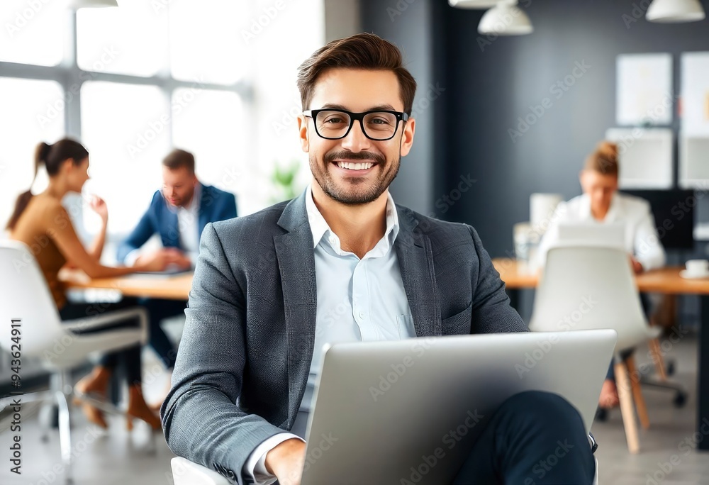 Portrait of a business man sitting in an office with his colleagues in the background. Happy business man working in a co-working office, ai Portrait of a business man sitting in an office with his colleagues in the background. Happy business man working in a co-working office, ai