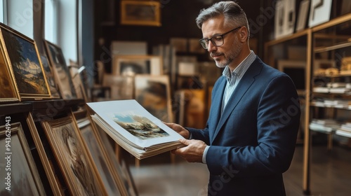 Art insurance consultant providing personalized advice and evaluation of art collection in a gallery, highlighting expertise in art valuation, protection, and insurance services for valuable artwork. photo