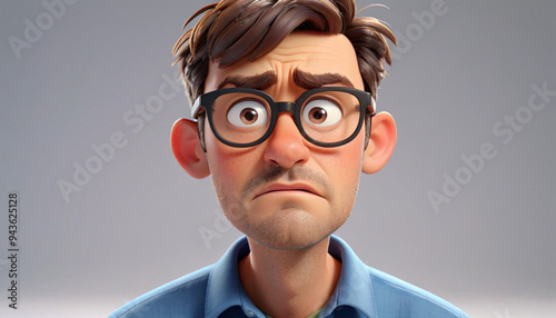 Sad Stressed Cartoon Character Adult Man in Glasses Portrait in 3D Style on Light Background