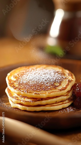 Saxon Quarkkaulchen, small sweet cheese pancakes dusted with powdered sugar, served with a side of apple compote on a rustic plate photo