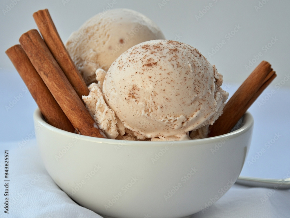 Cinnamon ice cream scoops in a bowl with spices. Cinnamon ice cream scoops in a bowl with spices.