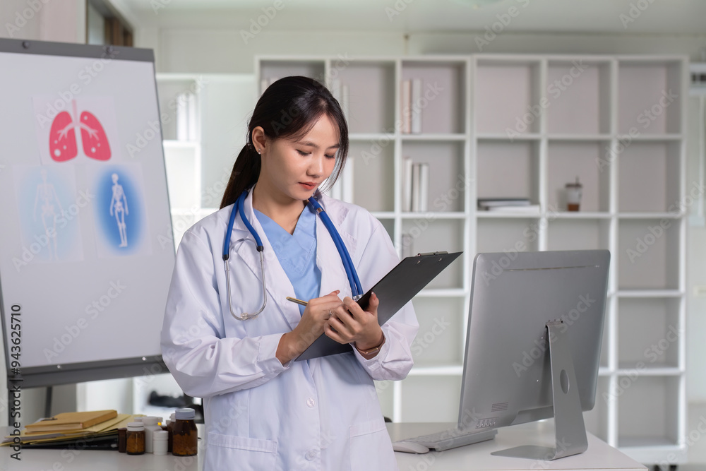 Confident Female Doctor in Modern Office Reviewing Patient Records on Clipboard Confident Female Doctor in Modern Office Reviewing Patient Records on Clipboard