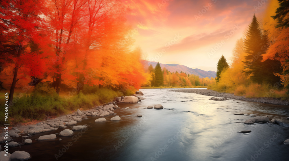 Autumn River Landscape With Vibrant Trees And Calm Waters At Sunset Autumn River Landscape With Vibrant Trees And Calm Waters At Sunset