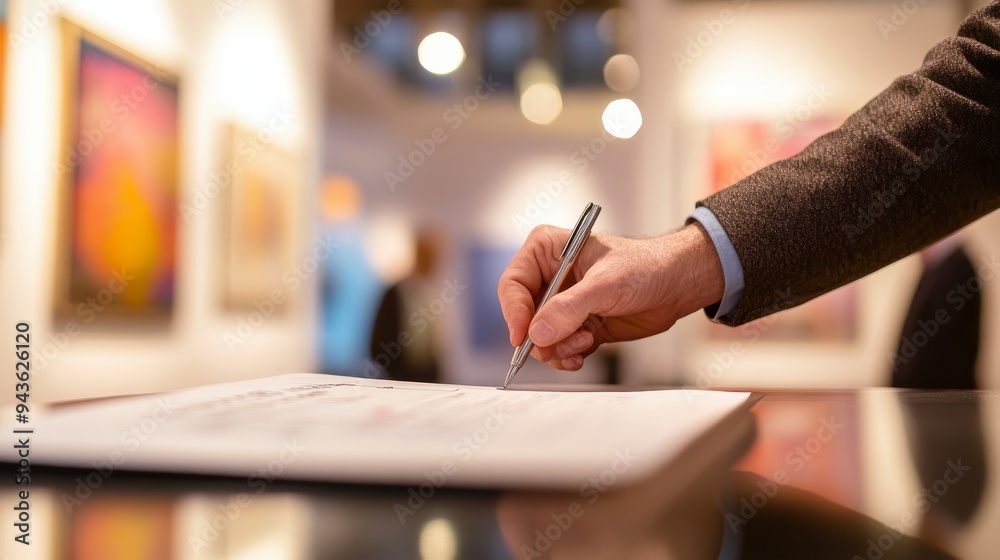 Art insurance policy being signed with focus on the document and a gallery setting. Art insurance policy being signed with focus on the document and a gallery setting.