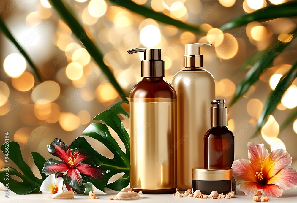 Body oil bottles on blurred gold backdrop, ideal for promoting skin moisturizing products. Body oil bottles on blurred gold backdrop, ideal for promoting skin moisturizing products.