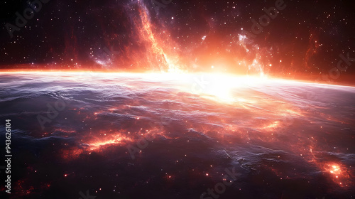 A fiery planet with a brigh...