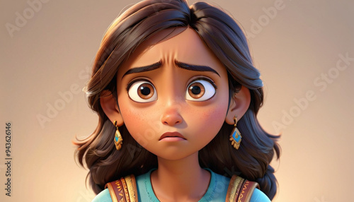 Upset Cartoon Character: Young Indian Woman in 3D Design Expressing Sadness and Boredom