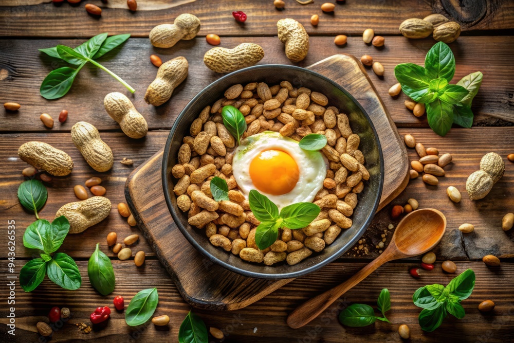 Fototapeta premium Vibrant rustic kitchen scene sunlit overhead natural light emphasizing textural contrasts between crunchy peanuts crispy fried egg silky fresh basil