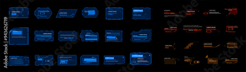 Blocks and frames. Big vector set with frames and pointers. Modern technological frames for the HUD user interface. Text windows with information and data. Vector templates with frames