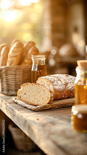 Traditional French bakery interior with a fresh pain depices loaf, golden and aromatic, sliced open to reveal a dense, spiced crumb, surrounded by jars of honey and spices photo