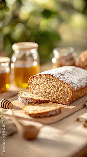 Traditional French bakery interior with a fresh pain depices loaf, golden and aromatic, sliced open to reveal a dense, spiced crumb, surrounded by jars of honey and spices photo