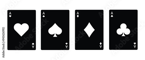 Black playing card set. Four playing card suits icon set. Poker cards suits. Hearts, clubs, diamonds, spades ace. Winning poker hand. Casino gambling concept. Isolated on white background.