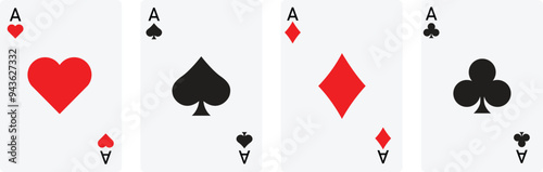 Playing card set, Four playing card suits icon set. Poker cards suits. Hearts, clubs, diamonds, spades ace. Winning poker hand. Casino gambling concept. Isolated on transparent background.