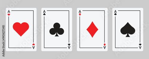 Playing card set, Four playing cards. Playing card suits icon set. Poker cards suits. Hearts, clubs, diamonds, spades ace. Winning poker hand. Casino gambling concept. Isolated on White background.