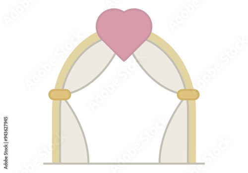 Cortinas amarillas recogidas y doradas con corazón rosa de boda