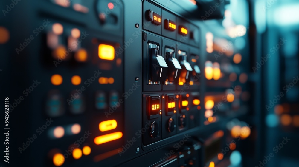 Control box's switches and tech in shallow depth. Control box's switches and tech in shallow depth.