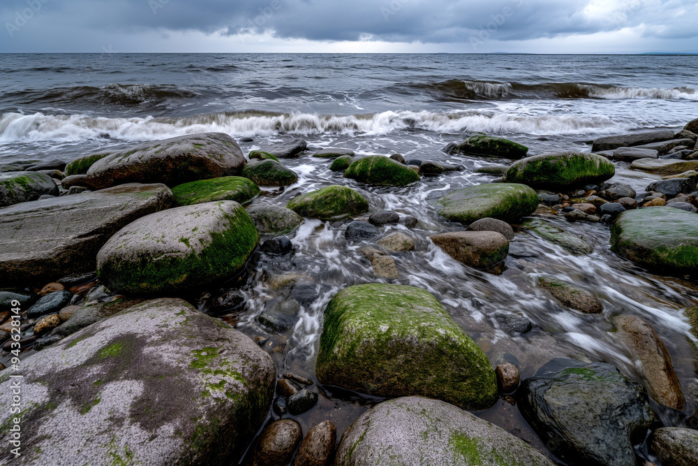 Rocky Shoreline with Moss-Covered Stones and Waves Rocky Shoreline with Moss-Covered Stones and Waves