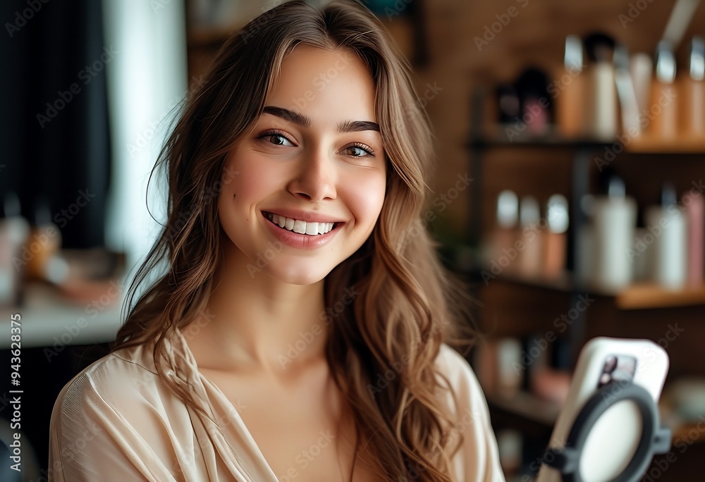 Cheerful beauty blogger shares skincare and makeup tips in a video, radiating positivity. Cheerful beauty blogger shares skincare and makeup tips in a video, radiating positivity.