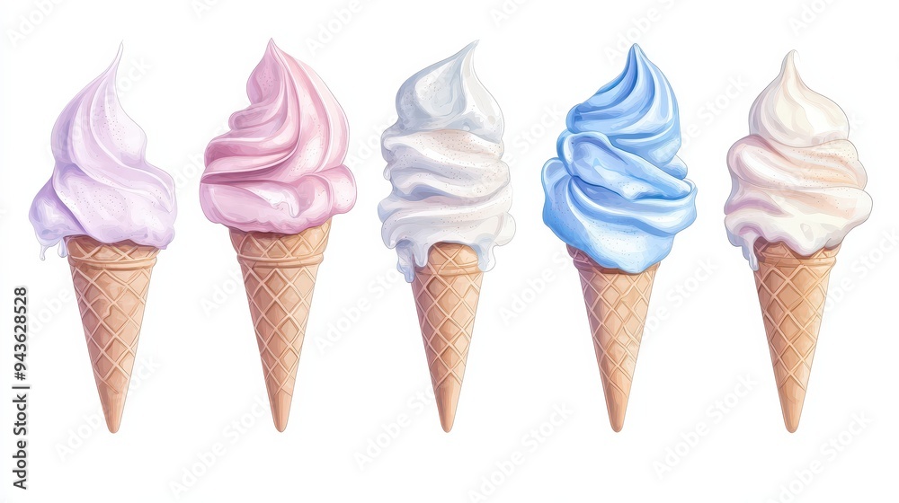 A row of five ice cream cones with different colors A row of five ice cream cones with different colors