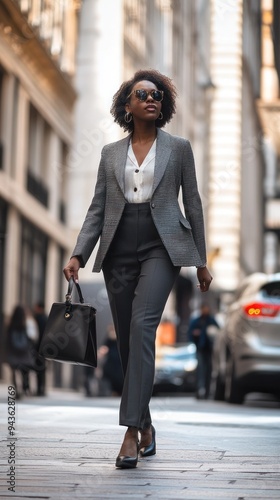 Woman in grey blazer walking confidently on city street. photo