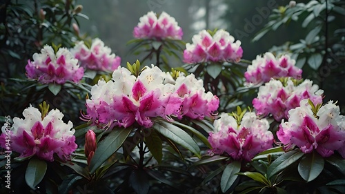 Pink roses in flower garden surrounded by trees