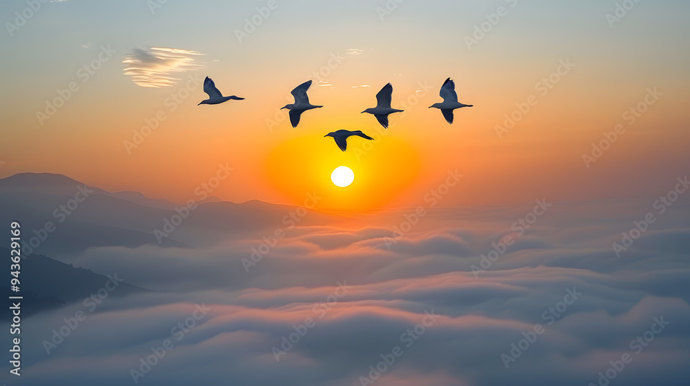 Obraz premium Land and fly above the yellow sunset.