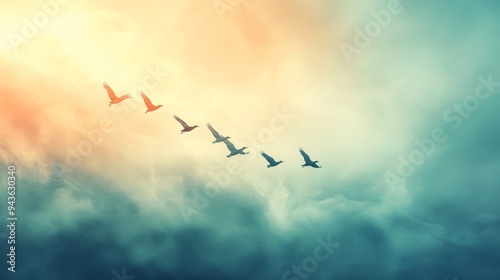 A group of birds embarking on a long migration journey, flying in formation across the skies.