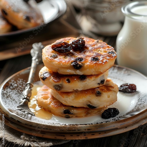 Traditional Welsh Cakes with Raisins and Fresh Milk, Close-Up Homespun Delight on Wooden Table. 