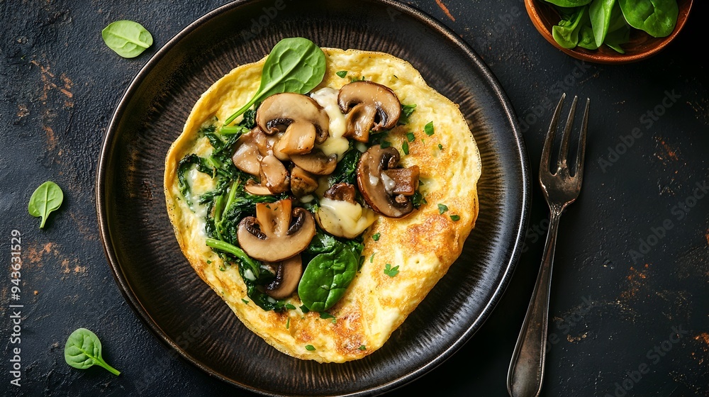Delicious Vegetarian Omelette with Sauteed Spinach and Mushrooms on a Plate Delicious Vegetarian Omelette with Sauteed Spinach and Mushrooms on a Plate