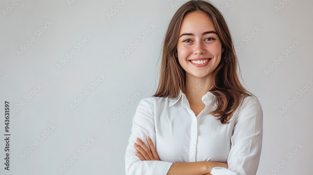 Cheerful business woman student in white button up shirt, smiling confident and cheerful with arms folded, isolated on a white background Cheerful business woman student in white button up shirt, smiling confident and cheerful with arms folded, isolated on a white background