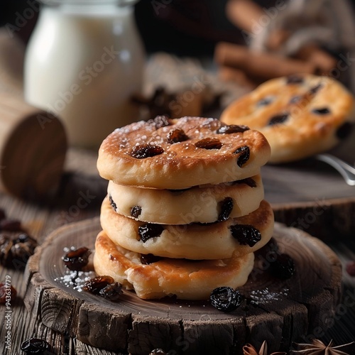 Traditional Welsh Cakes with Raisins and Fresh Milk, Close-Up Homespun Delight on Wooden Table.  photo