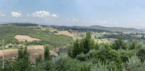 aerial landscape with hilly countryside around medieval hilltop little town, Amelia, Italy