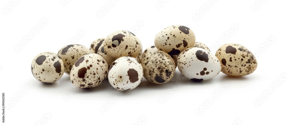 Quail eggs a nutritious protein source shown in a side view on a white background in a picture with copy space image Quail eggs a nutritious protein source shown in a side view on a white background in a picture with copy space image