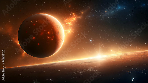 A fiery red planet with a b...