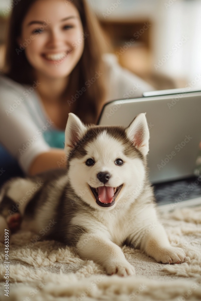 Fototapeta premium Smiling woman and husky puppy with a laptop indoors.