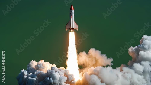 Toy rocket taking off with smoke, startup and business concept.