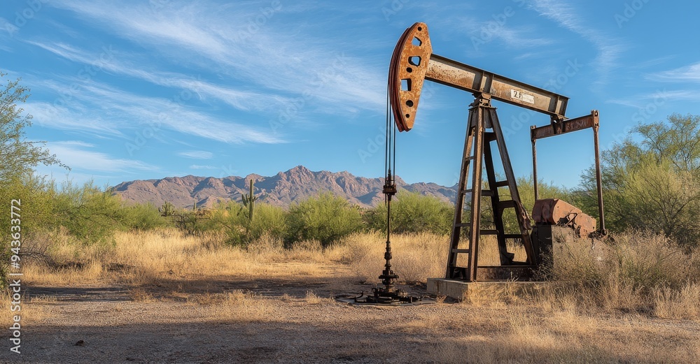 Crude oil production from the ground by oil drilling derricks in a desert oilfield. Oilfield services contractor operating drill rigs and pump jacks. Petroleum production, natural gas, liquids, NGLs, Crude oil production from the ground by oil drilling derricks in a desert oilfield. Oilfield services contractor operating drill rigs and pump jacks. Petroleum production, natural gas, liquids, NGLs,