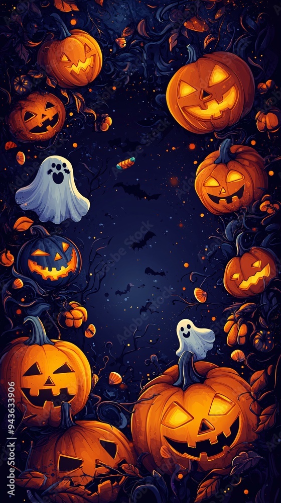 Glowing Jack-o'-Lanterns and Spooky Ghosts in a Halloween Night Scene Glowing Jack-o'-Lanterns and Spooky Ghosts in a Halloween Night Scene