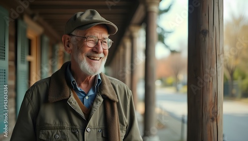 Smiling Old Man Wearing Casual Clothes Hat and Glasses Stands in the Yard Blurring Background photo