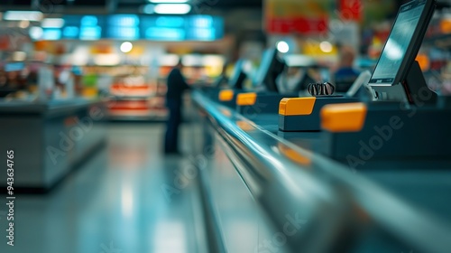 Wallpaper Mural Empty supermarket checkout line with blurred customer Torontodigital.ca
