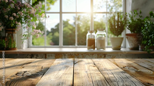 Plan de travail en bois, arrière plan cuisine flou, , pour intégration produits, ou décor graphique, style mockup